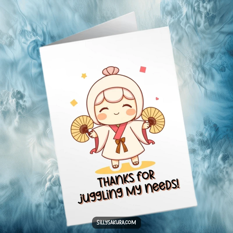 Funny Free Printable Thank You Card of a cute Kokeshi doll character juggling fans, expressing gratitude with a smile.