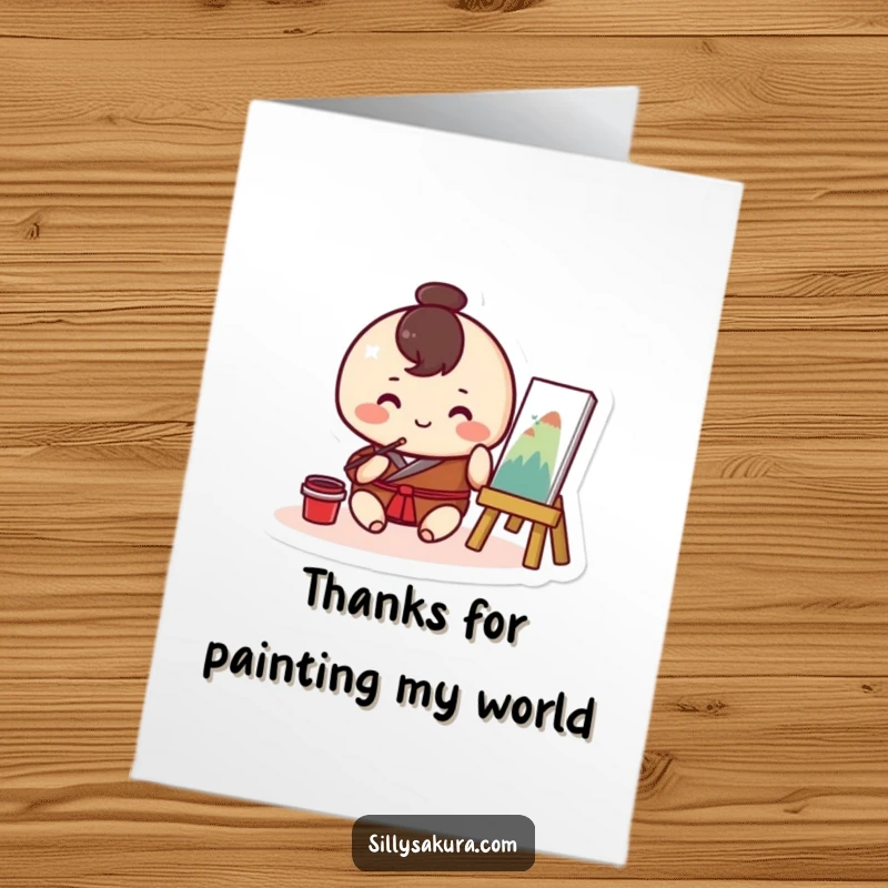 Funny Free Printable Thank You Card: Cute Kawaii character happily painting, expressing thanks with a beautiful, handcrafted touch.
