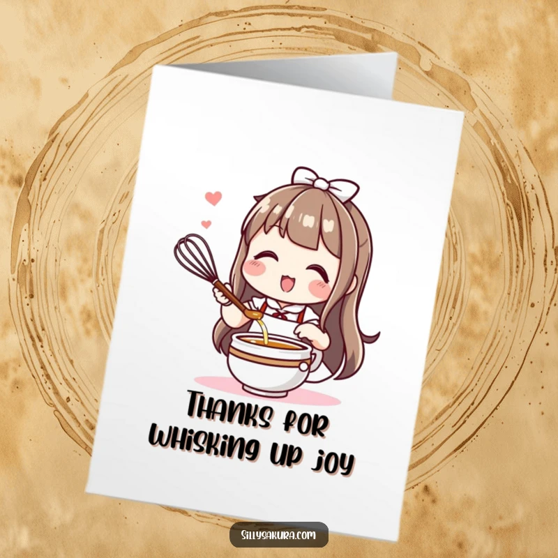 Funny Free Printable Thank You Card: Cute Kawaii character enthusiastically preparing tea with a whisk, expressing gratitude with a happy brew.