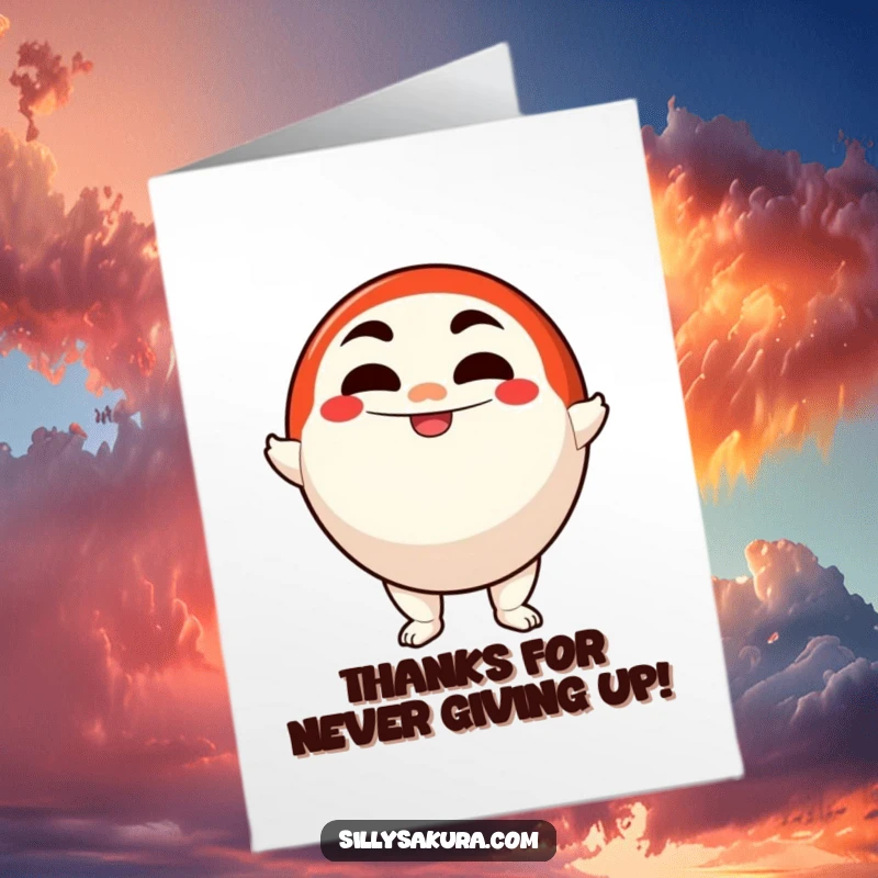 Funny Free Printable Thank You Card featuring a persistent Daruma doll character smiling while standing firm, a symbol of thanks.