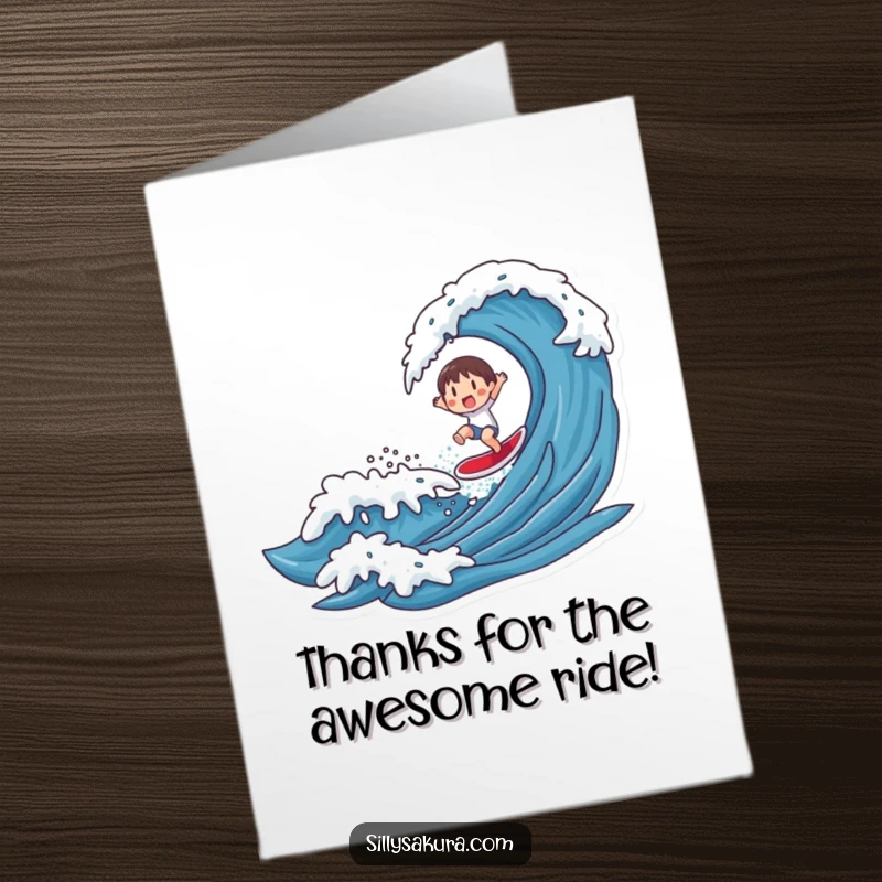 Funny Free Printable Thank You Card: Character happily surfing a wave, conveying big thanks with a cheerful and energetic vibe.