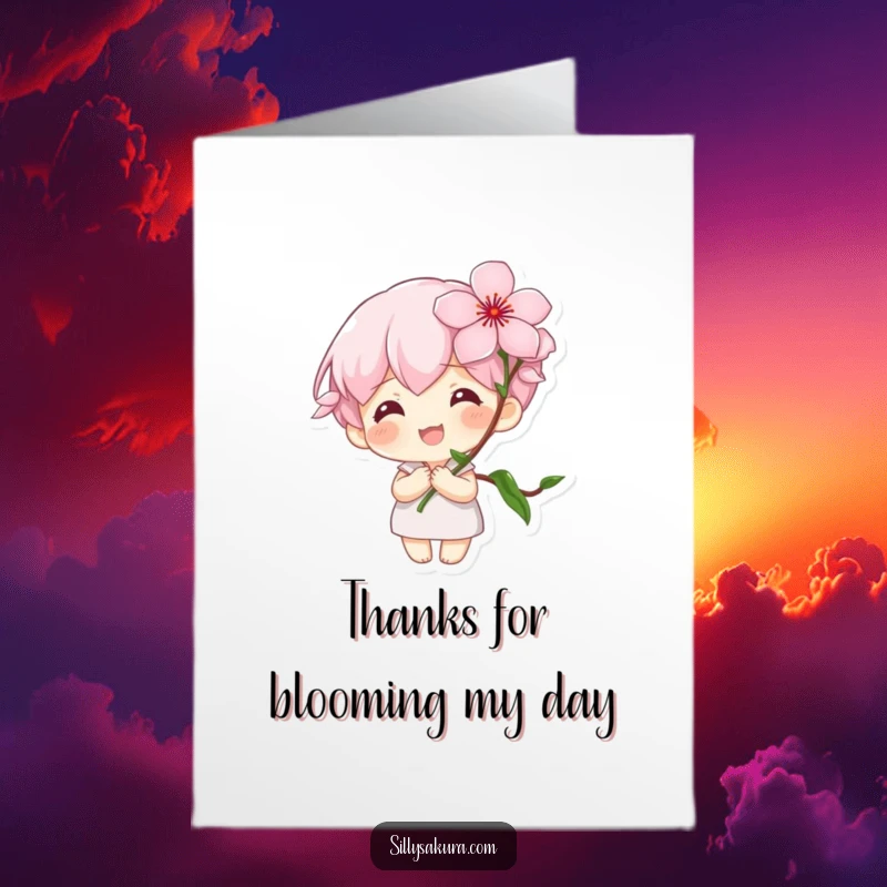 Funny Free Printable Thank You Card: Tiny character with a large smile holding a blooming cherry blossom, expressing thanks sweetly.