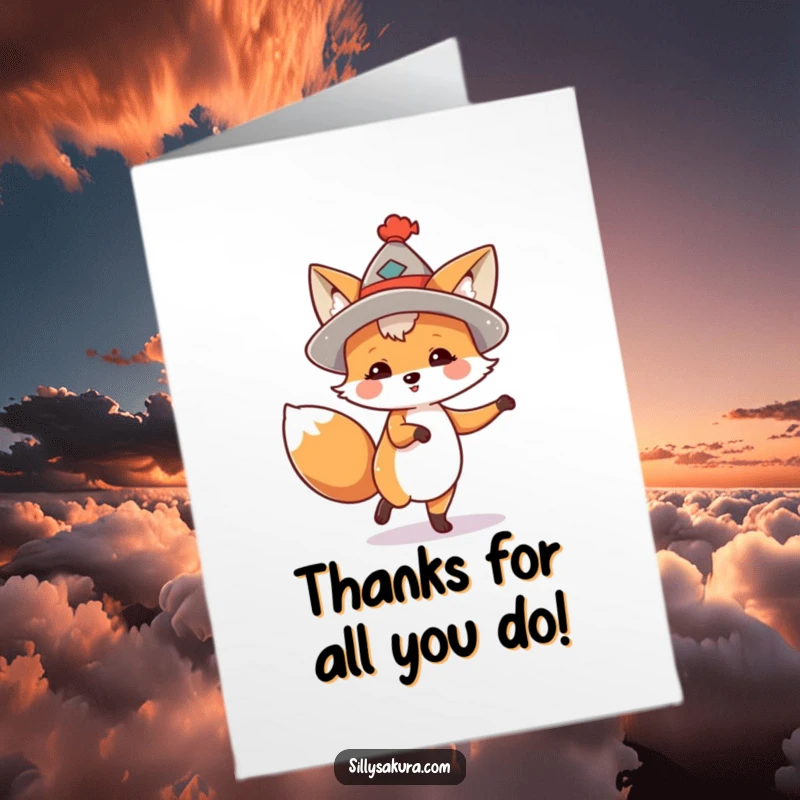 Funny Free Printable Thank You Fox Card: A cute fox wearing a tiny hat, dancing energetically to express sincere thanks.