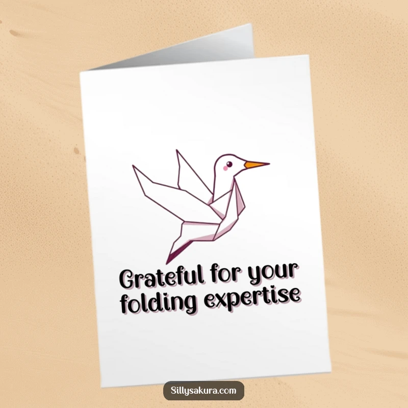 Funny Free Printable Thank You Card: Giggling origami crane floats through the air, conveying heartfelt thanks.