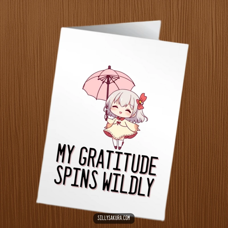 Funny Free Printable Thank You Card: Small character elegantly twirls holding a parasol, smiling thankfully.