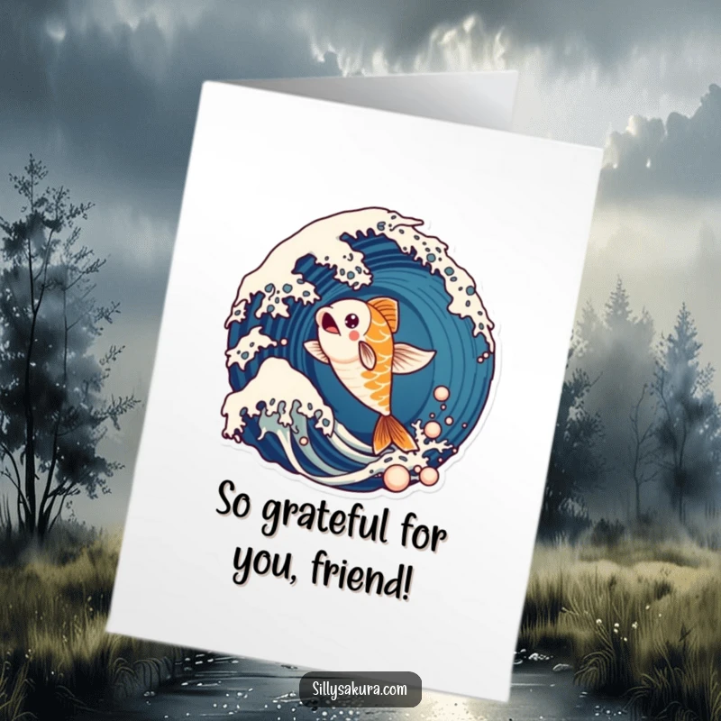 Funny Free Printable Thank You Card: A vibrant koi fish character leaps from an energetic wave, conveying thanks. Downloadable.