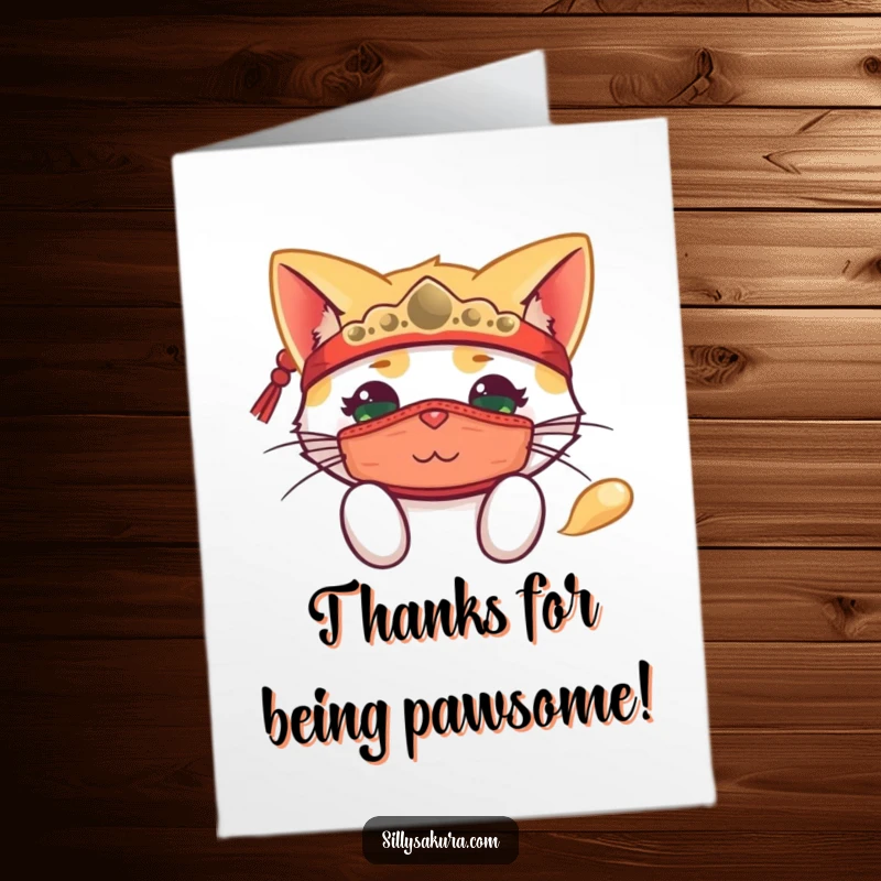 Funny Free Printable Cat Mask Thank You Card: A cat hidden behind a mask peeks playfully, conveying thanks with charm.