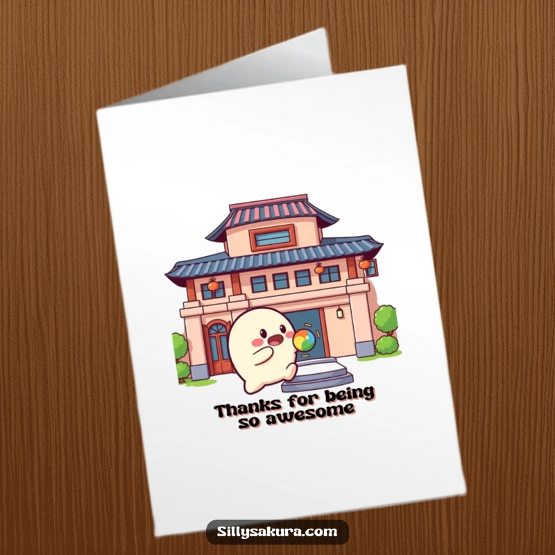 Funny Free Printable Thank You Card: Rounded character playfully bouncing a colorful ball against a building, conveying thanks with energetic charm.