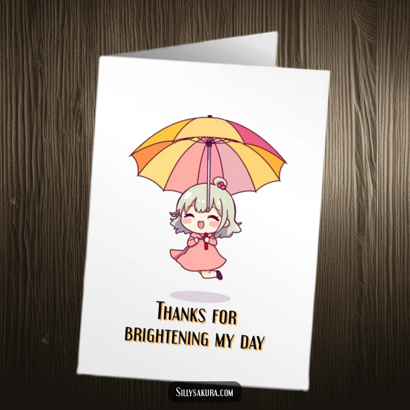 Funny Free Printable Thank You Card: Character happily skipping while holding a bright umbrella upside down, conveying thanks with delightful charm.
