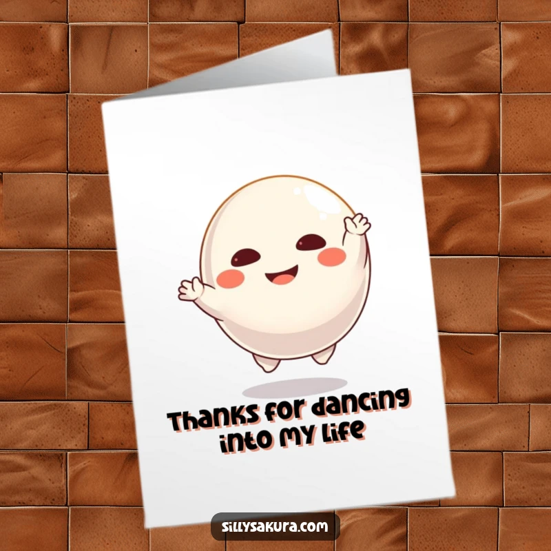 Funny Free Printable Thank You Card: Floating Daruma doll character joyfully imitating a dancing pose, expressing thanks with flair.