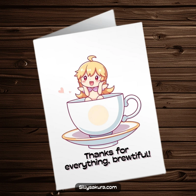 Funny Free Printable Thank You Card with a character delightedly riding a floating tea cup, perfect for expressing thanks.