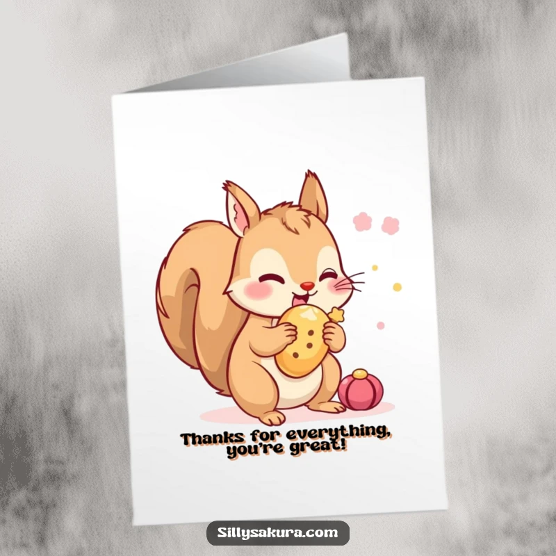 Funny Free Printable Thank You Card, a tiny squirrel excitedly hiding a festival treat, expressing thanks