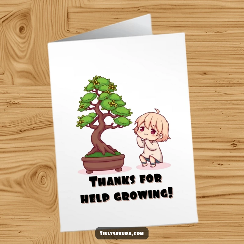 Funny Free Printable Thank You Card: Character proudly displays a small, perfectly shaped Bonsai tree, expressing sincere gratitude.