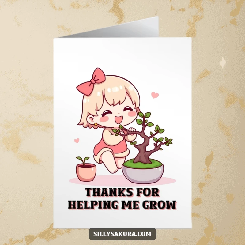 Funny Free Printable Kawaii thank you card, a cute character joyfully tending a miniature bonsai tree, expressing thanks humorously.