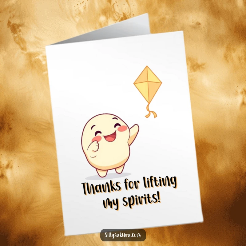 Funny Free Printable Thank You Card: Grinning character pointing at a dancing kite, great for DIY thanks.