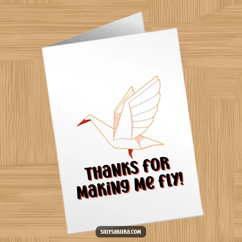 Funny Free Printable origami crane character gracefully taking flight, a symbol of peace and heartfelt gratitude.