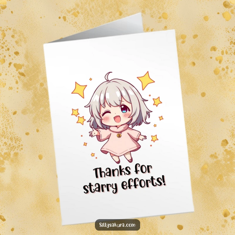 Funny Free Printable Thank You Card with a character energetically juggling sparkling stars, perfect for expressing thanks.