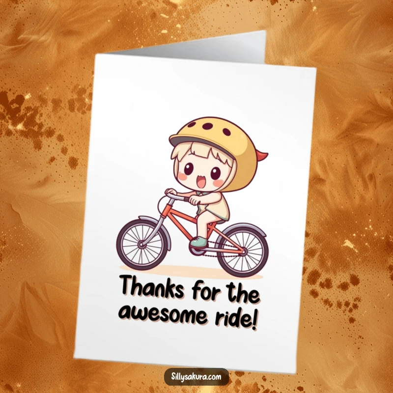 Funny Free Printable Thank You Card: Character riding a small bicycle, expressing gratitude with glee.