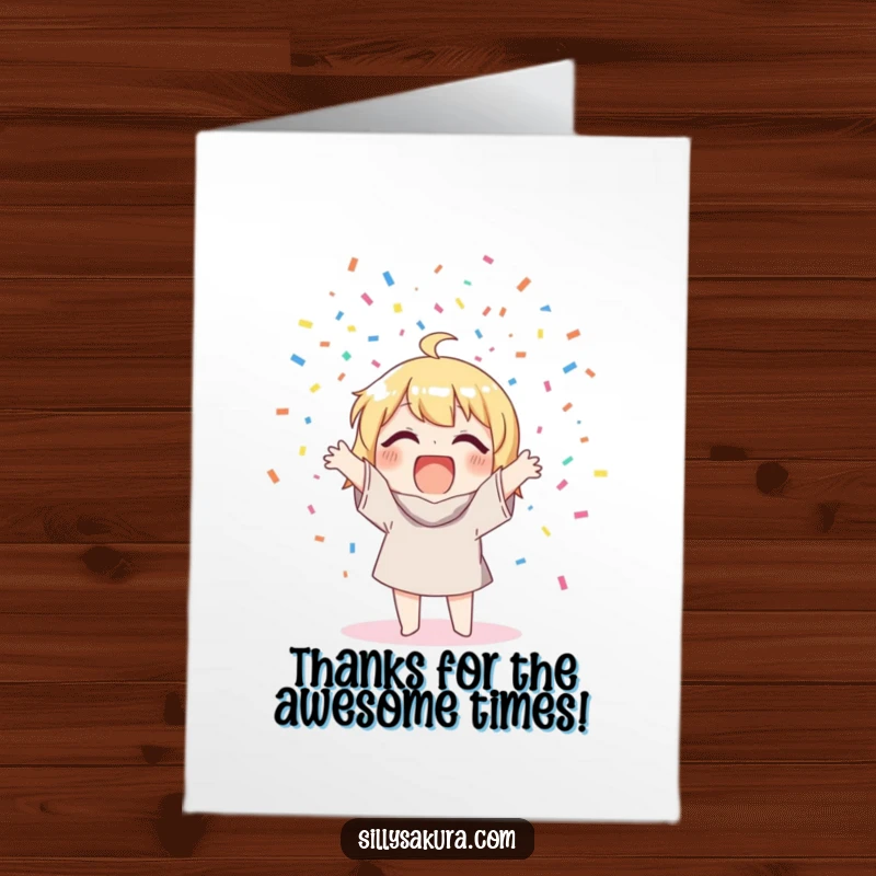 Funny Free Printable Thank You Card with a character scattering confetti, conveying thanks with a shower of joy and appreciation.