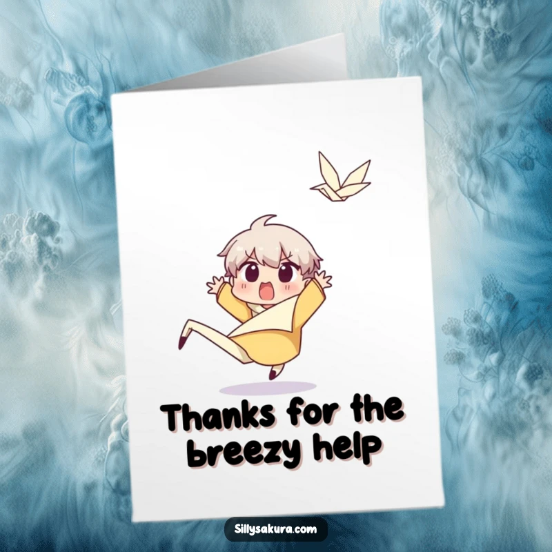 Funny free printable thank you card depicting a surprised character leaping from a happy gust of wind, a whimsical thank you.
