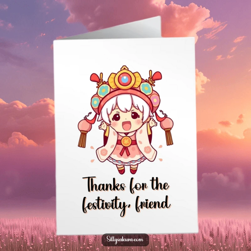 Funny Free Printable Thank You Card: A Kawaii character excitedly wearing elaborate festival attire, expressing thanks.