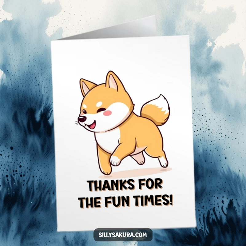 Funny Free Printable Thank You Card, a playful Shiba Inu chasing its wagging tail, expressing thanks with joy