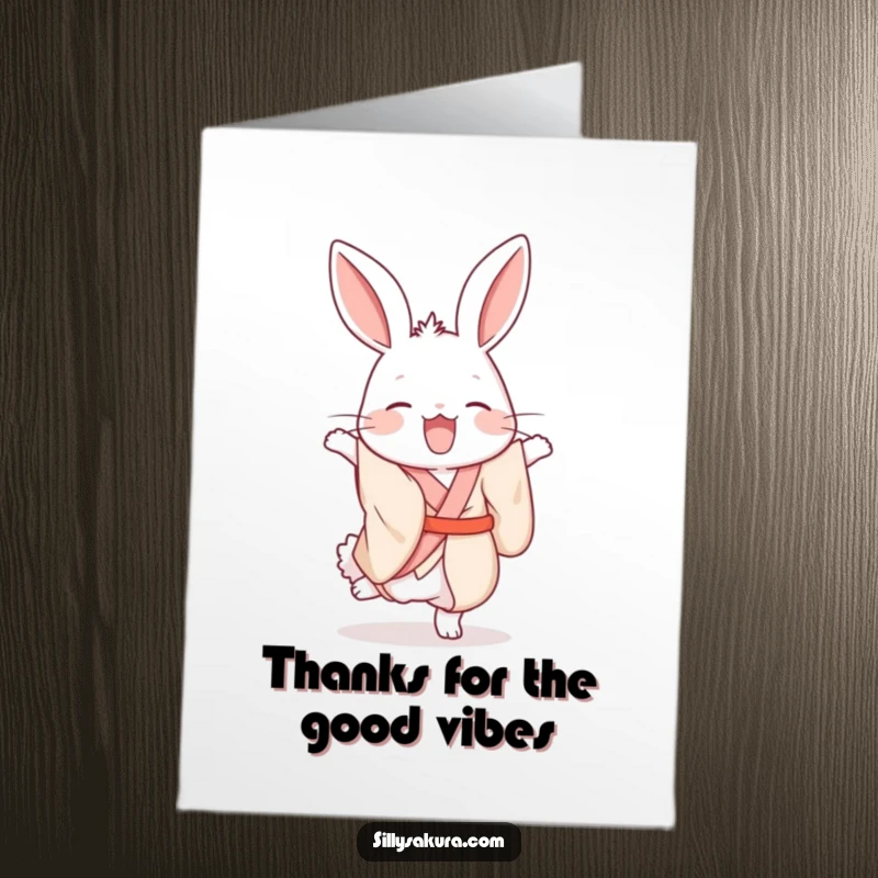 Funny Free Printable Thank You Card: A giggling rabbit in a silk kimono tries a handstand, sending thanks with downloadable humor.