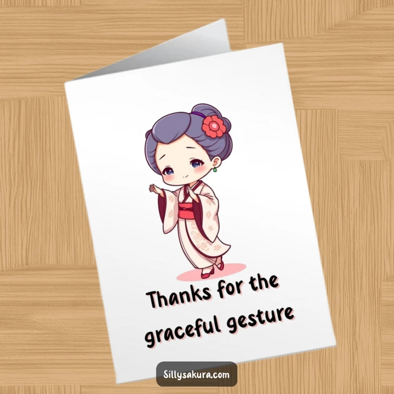 Funny Free Printable Thank You Card: A tiny geisha in a charming dance, expressing gratitude with a humorous and elegant flair for printing.