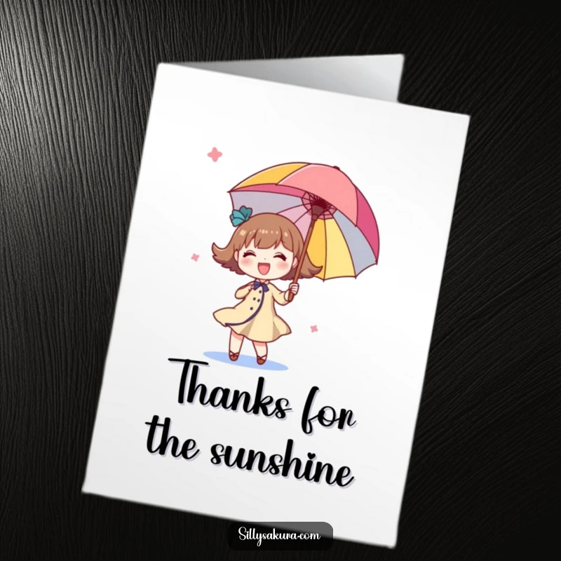 Funny Free Printable Thank You Card: A happy character does a joyful twirl with a parasol, expressing thanks.