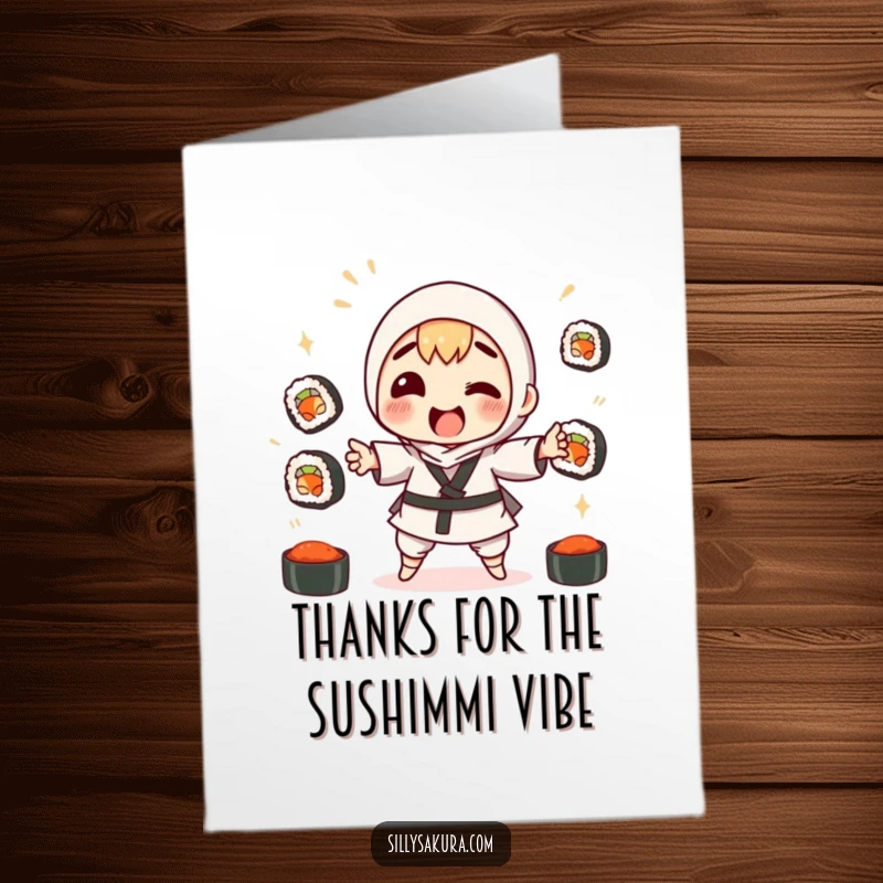 Funny Free Printable Thank You Card: A character hilariously attempts to juggle sushi rolls, showing gratitude with humor.