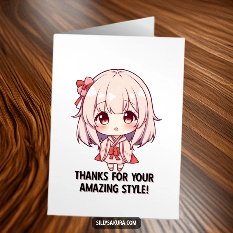 Funny free printable thank you card of a character humorously wearing a small Maiko wig, expressing thanks.