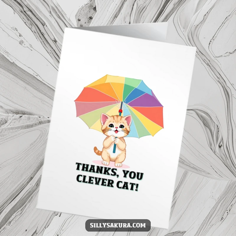 Funny Free Printable Thank You Card: A happy kitten ventures into a big, colorful umbrella, sending thanks.