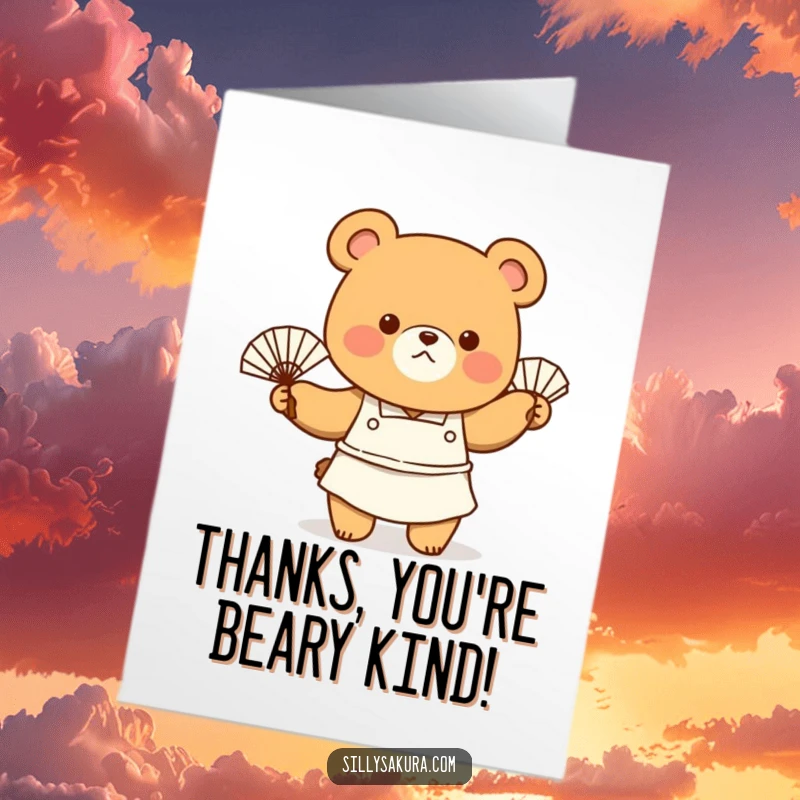 Funny Free Printable Thank You Card: Tiny bear chef with apron, enthusiastically waving a fan, offering thanks.