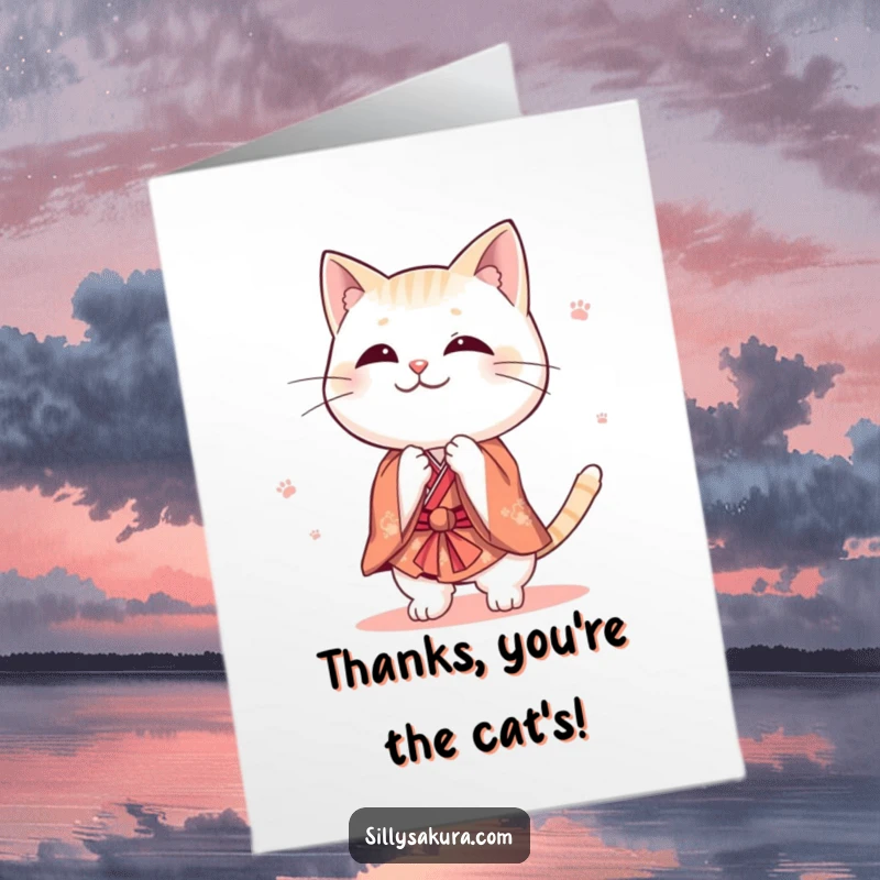 Funny Free Printable Thank You Card: Cute cat in a tiny kimono performing a playful bow, showing thanks. So polite!
