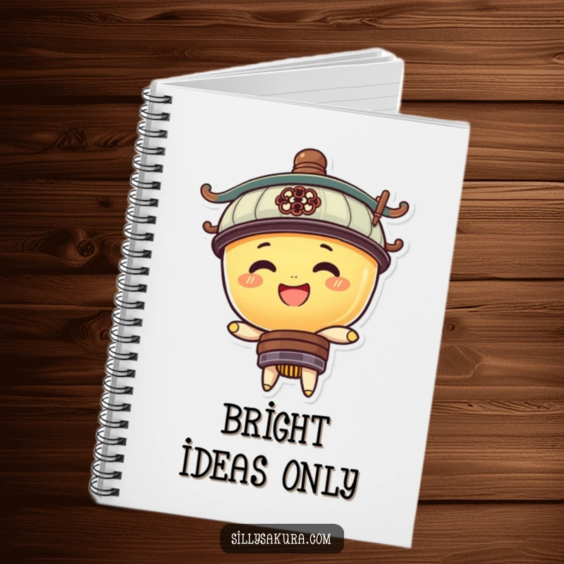 Funny notebook with a smiling lantern character cheerfully bobbing, ready to hold all your bright ideas and witty remarks.