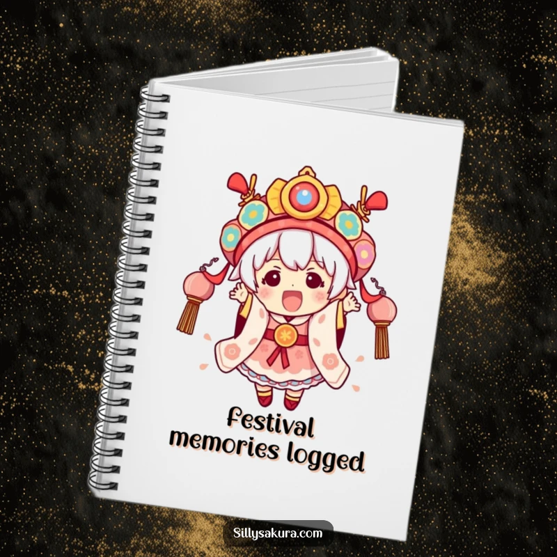 Funny Festival Kawaii Notebook cover with a cute character excitedly wearing elaborate festival attire, ready for your notes.