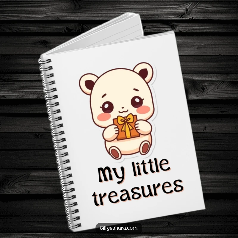 Funny notebook featuring a small character with beaming eyes, presenting a handmade gift, ideal for journaling happy thoughts.