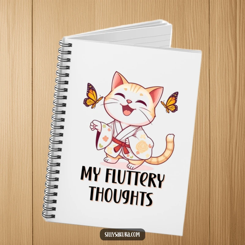 Funny delighted cat in a floral kimono humorously chasing a butterfly on the cover of this notebook.
