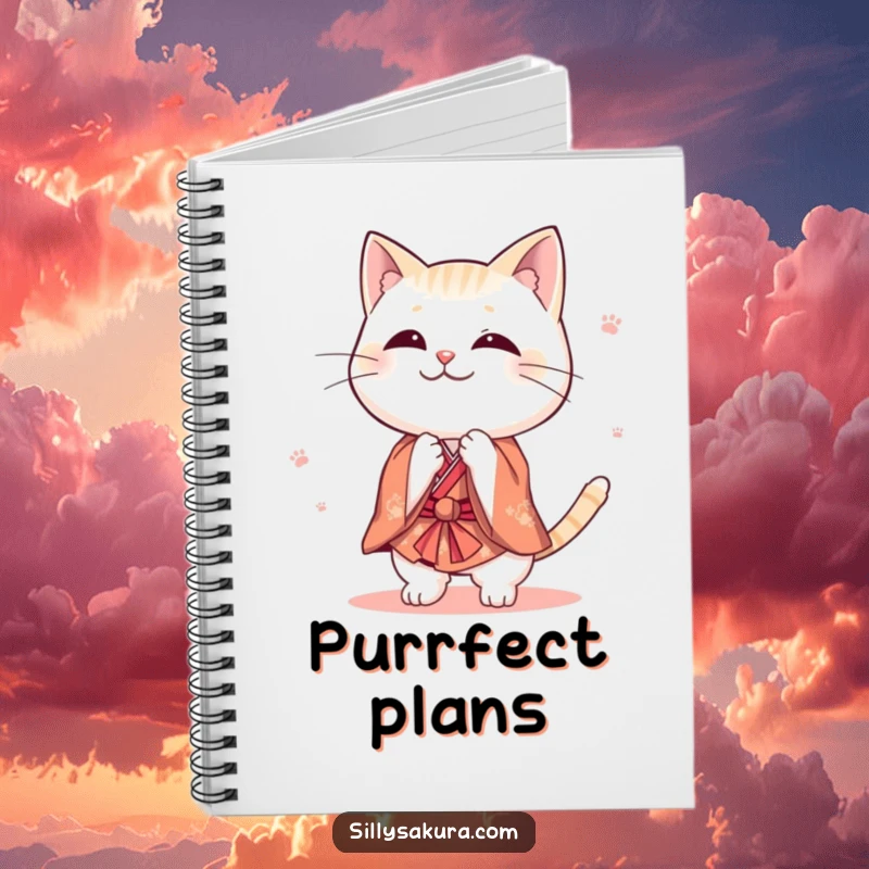 Funny cat notebook with a character in a tiny kimono bowing playfully, perfect for note-taking, journaling, and capturing ideas with feline charm.