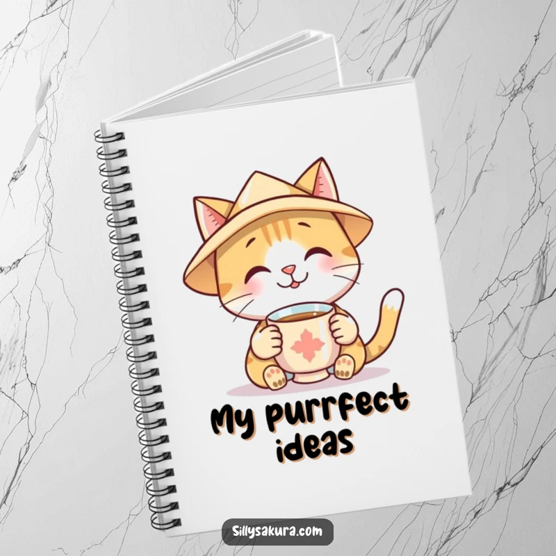 Funny Notebook cover featuring a smiling cat in a paper hat, offering a cup of tea, ready for your notes.