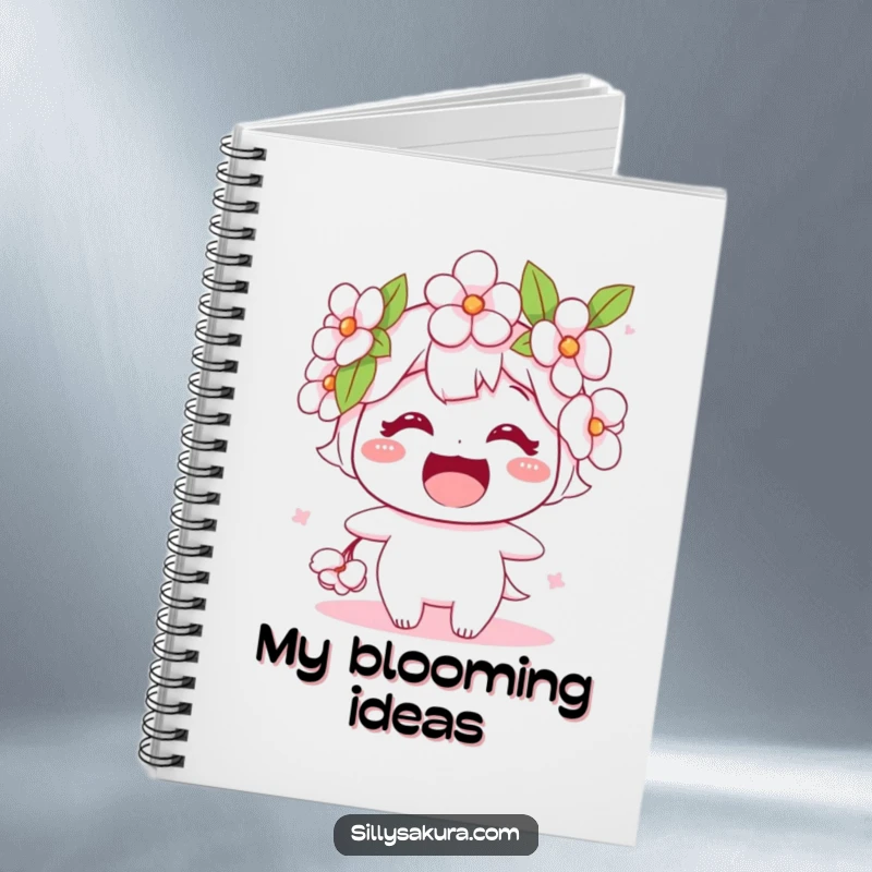 Funny notebook with a stylized cherry blossom character and a wide smile, ready to capture thoughts with floral charm.