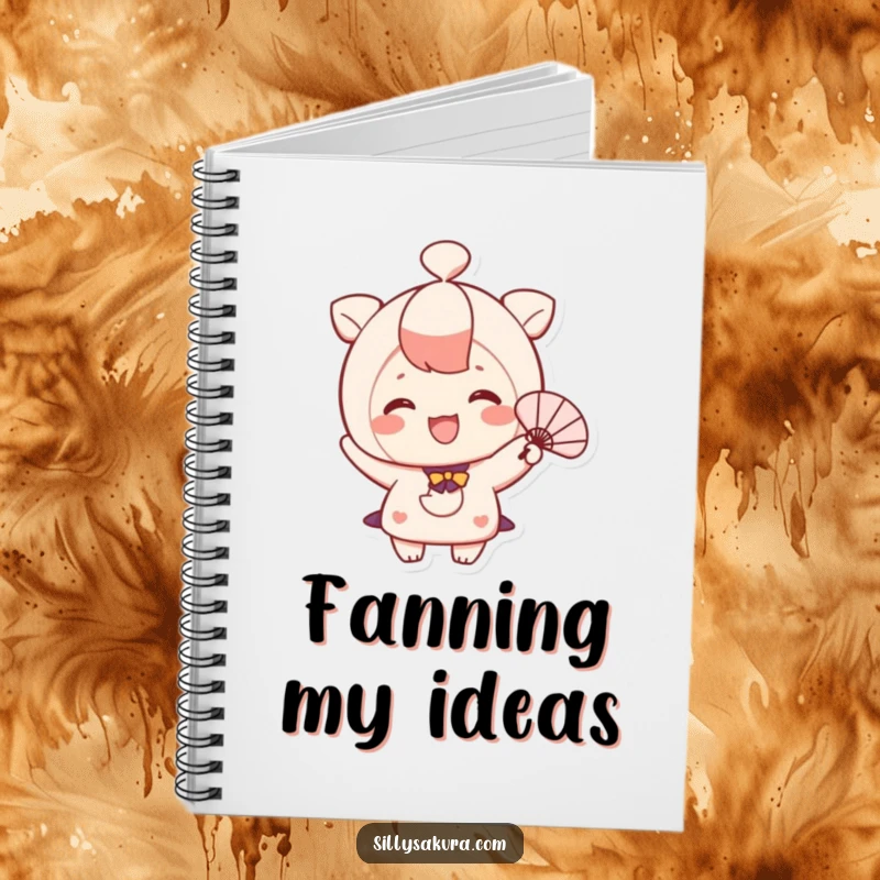Funny notebook with a cute, smiling character happily fanning themselves, ideal for note-taking.
