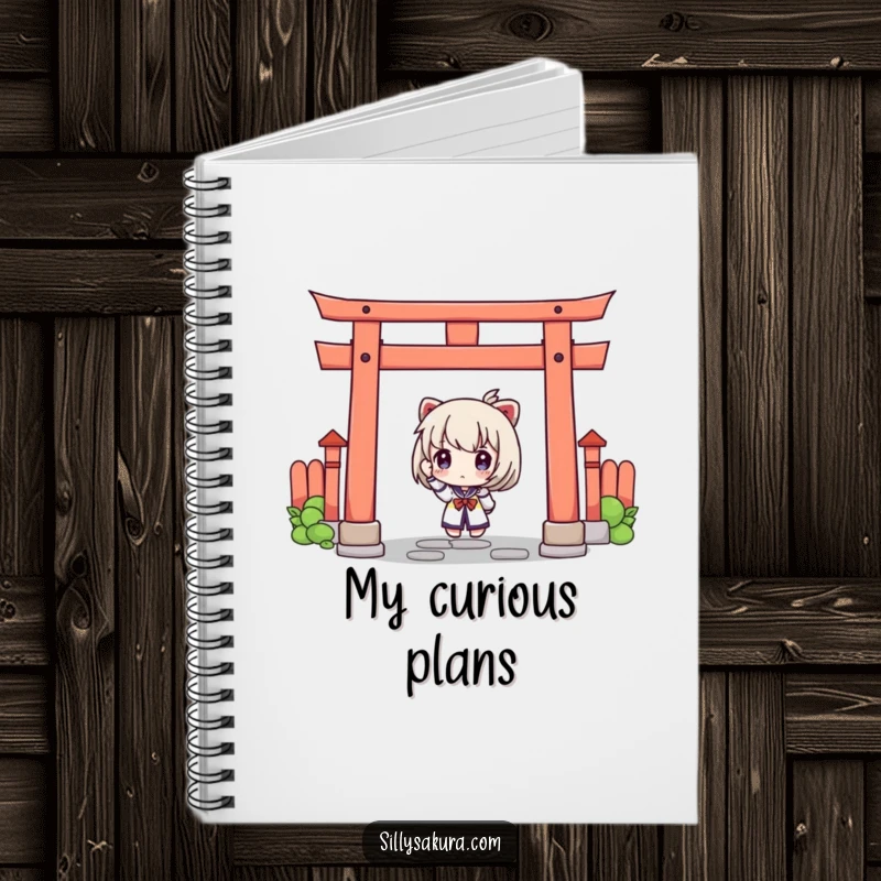 Funny notebook featuring a curious character peeking from behind a torii gate, ideal for journaling explorations and ideas.