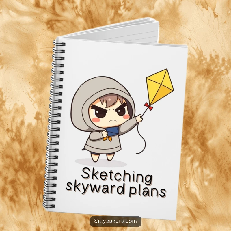 Funny notebook with a determined frowning character trying to fly a small kite, great for writers and planners.