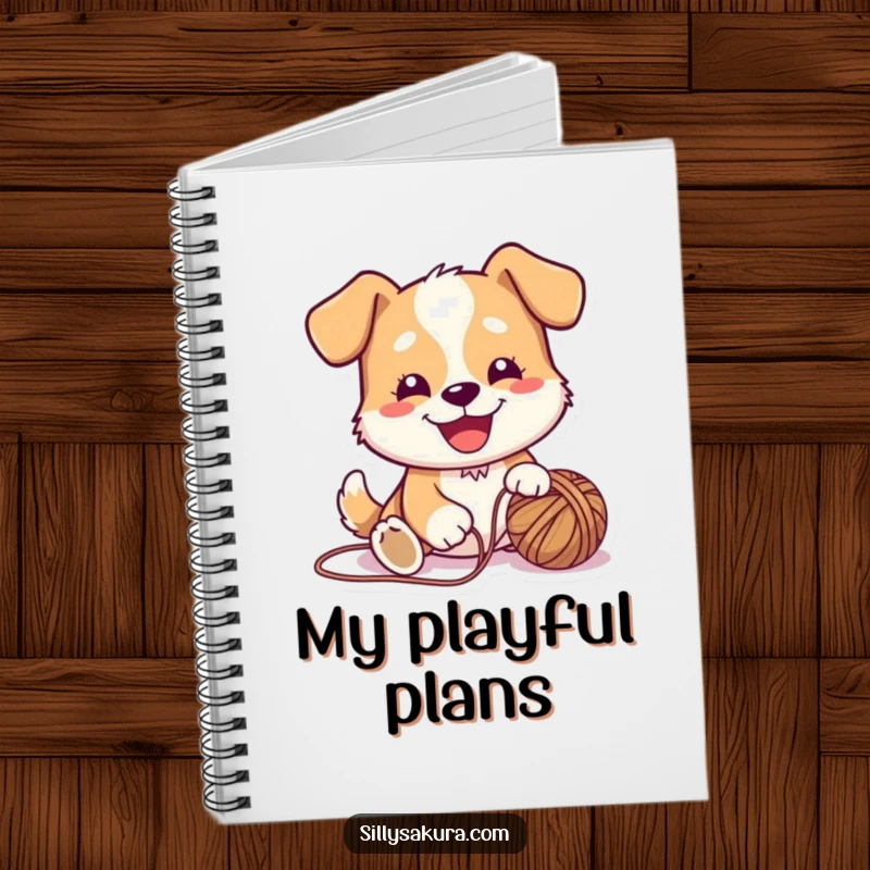 Funny Notebook cover featuring a cute dog character joyfully playing with a yarn ball, ready for your notes.