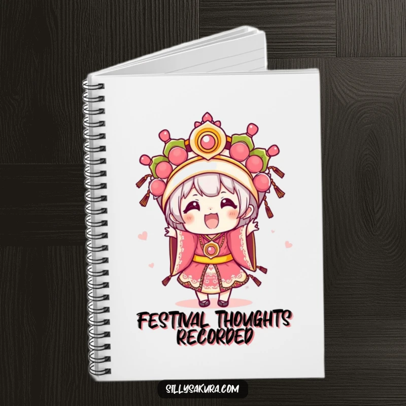 Funny Kawaii notebook featuring an excited character in elaborate festival attire, ideal for journaling event details with flair.