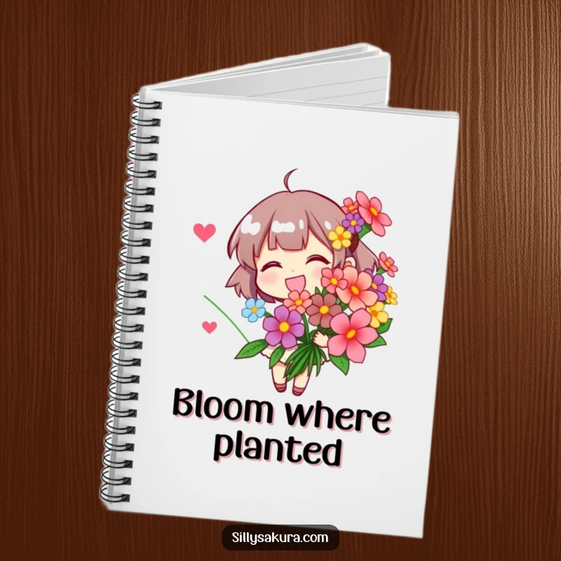 Funny Notebook: A character holding a vibrant bouquet of stylized flowers, inspiring creativity and note-taking.