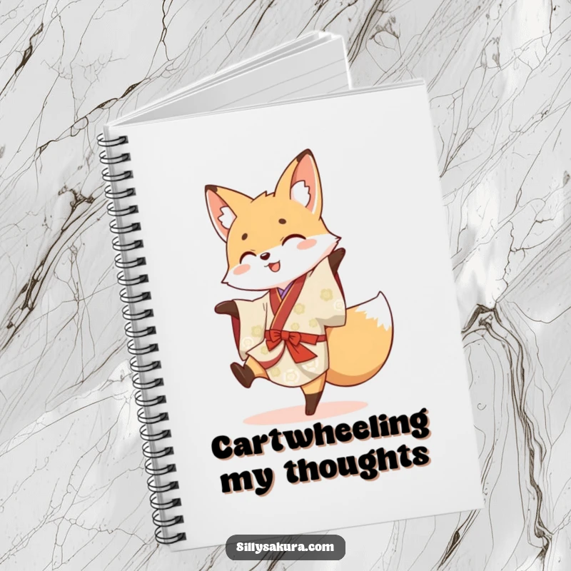 Funny notebook cover with an energetic fox in a kimono doing a cartwheel, inspiring movement and creativity.