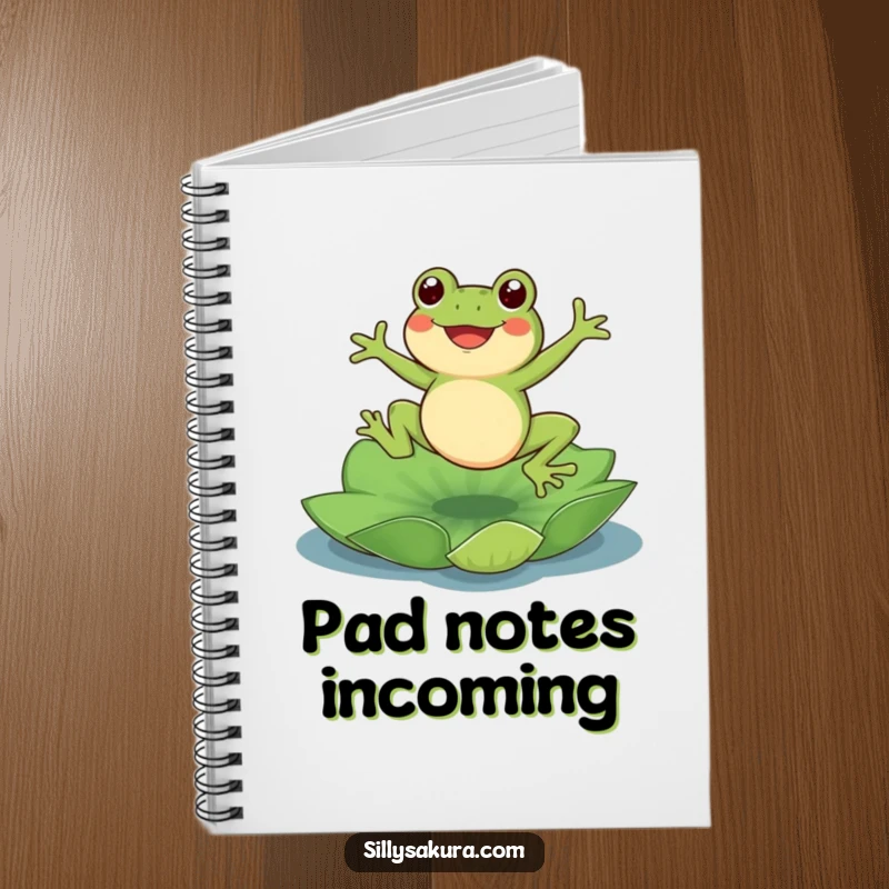 Funny Frog Notebook: A cute frog character joyfully jumping onto a lotus pad, perfect for jotting down notes with amphibian energy.