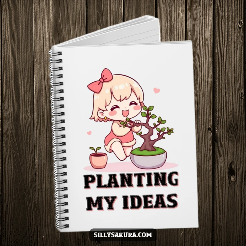 Funny Kawaii Notebook. A cute character joyfully tends to a miniature bonsai tree, perfect for journaling nature's wonders.